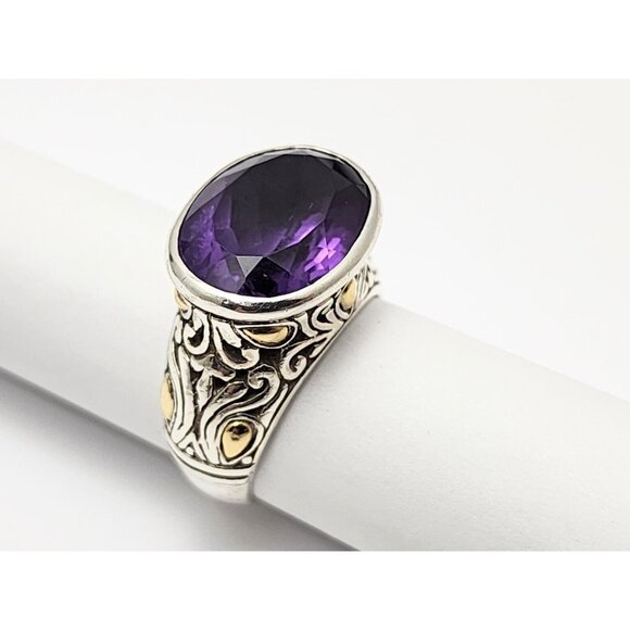 Sterling Silver 925 18K Yellow Gold Two Tone Multi Color Large Amethyst Ring - Picture 1 of 15